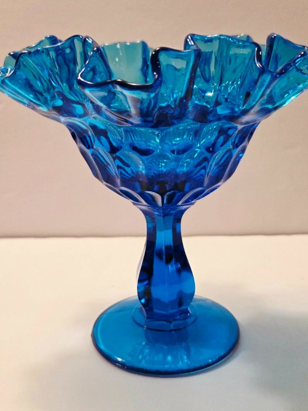 Vintage Fenton Colonial Blue Ruffled Edge Pedestal Thumbprint Glass Compote Dish